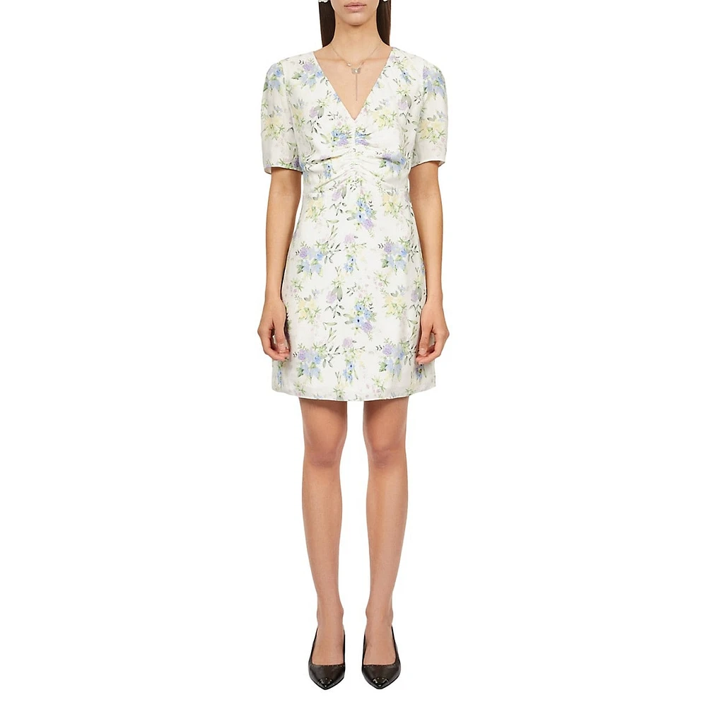 Floral-Pirnt Shirred Mini Dress