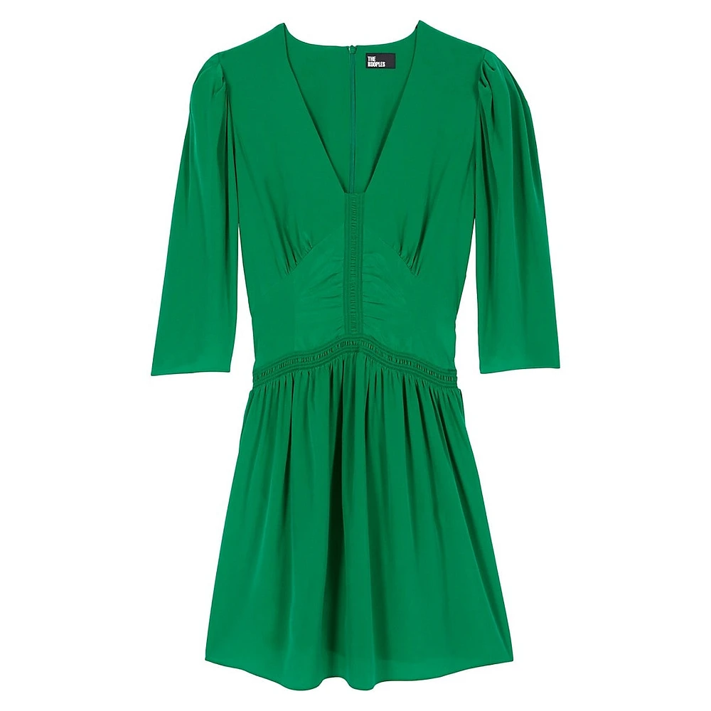 Silk Puff-Sleeve Shirred Mini Dress