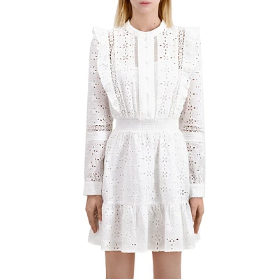 Long-Sleeve Eyelet-Embroidered Mini Dress