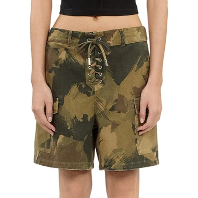 Lace-Up Camouflage Denim Shorts