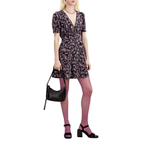 Paisley Floral-Print Puff-Sleeve Mini Dress