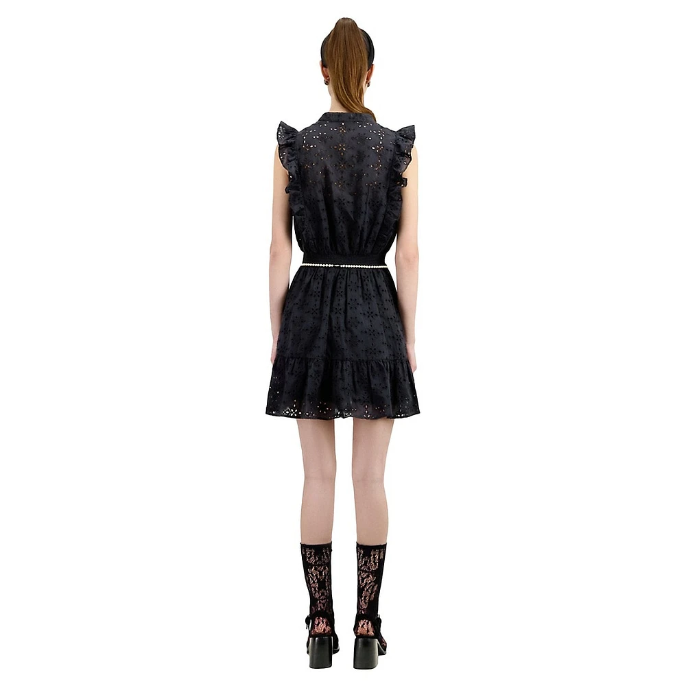 Sleeveless Eyelet-Embroidered Ruffled Mini Dress