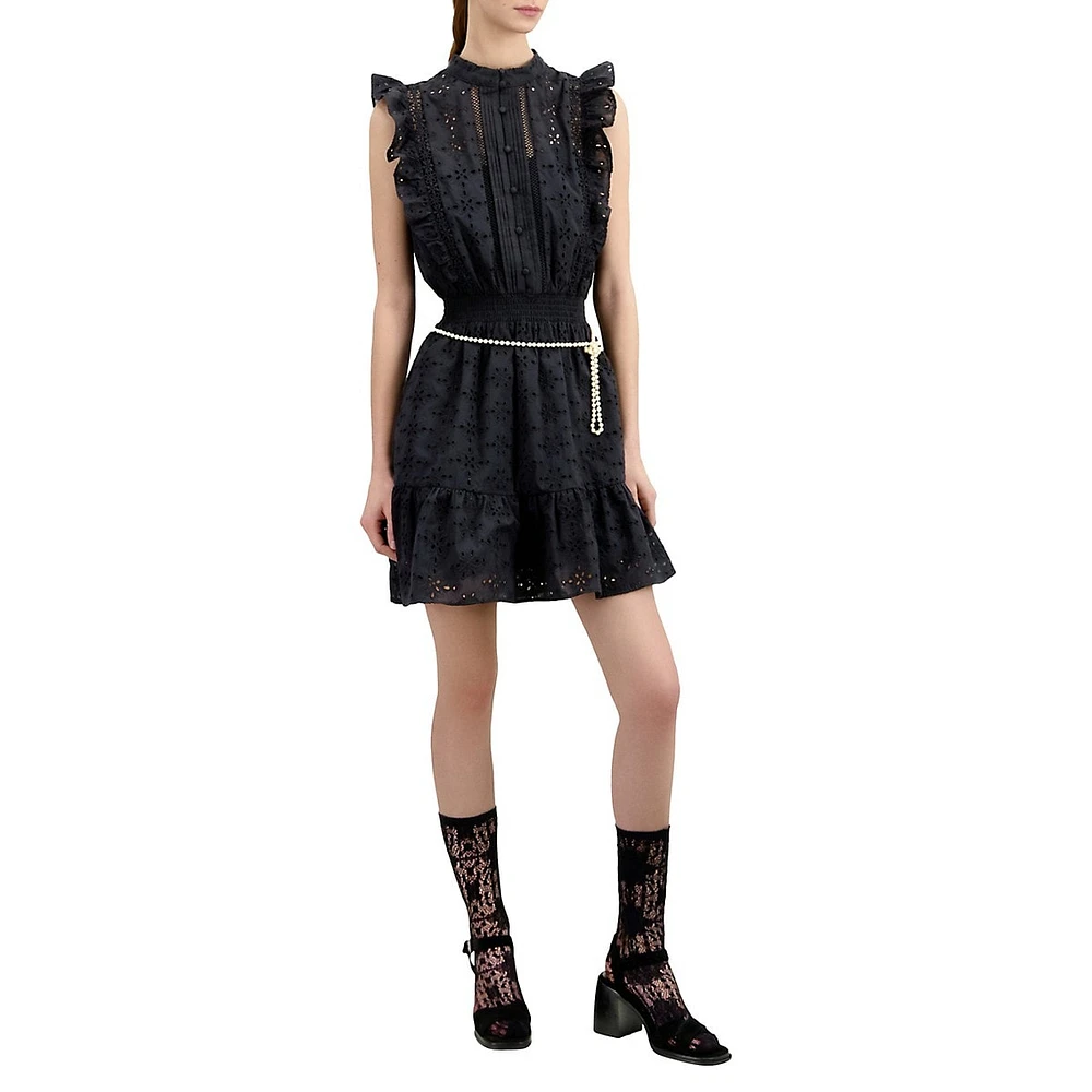 Sleeveless Eyelet-Embroidered Ruffled Mini Dress