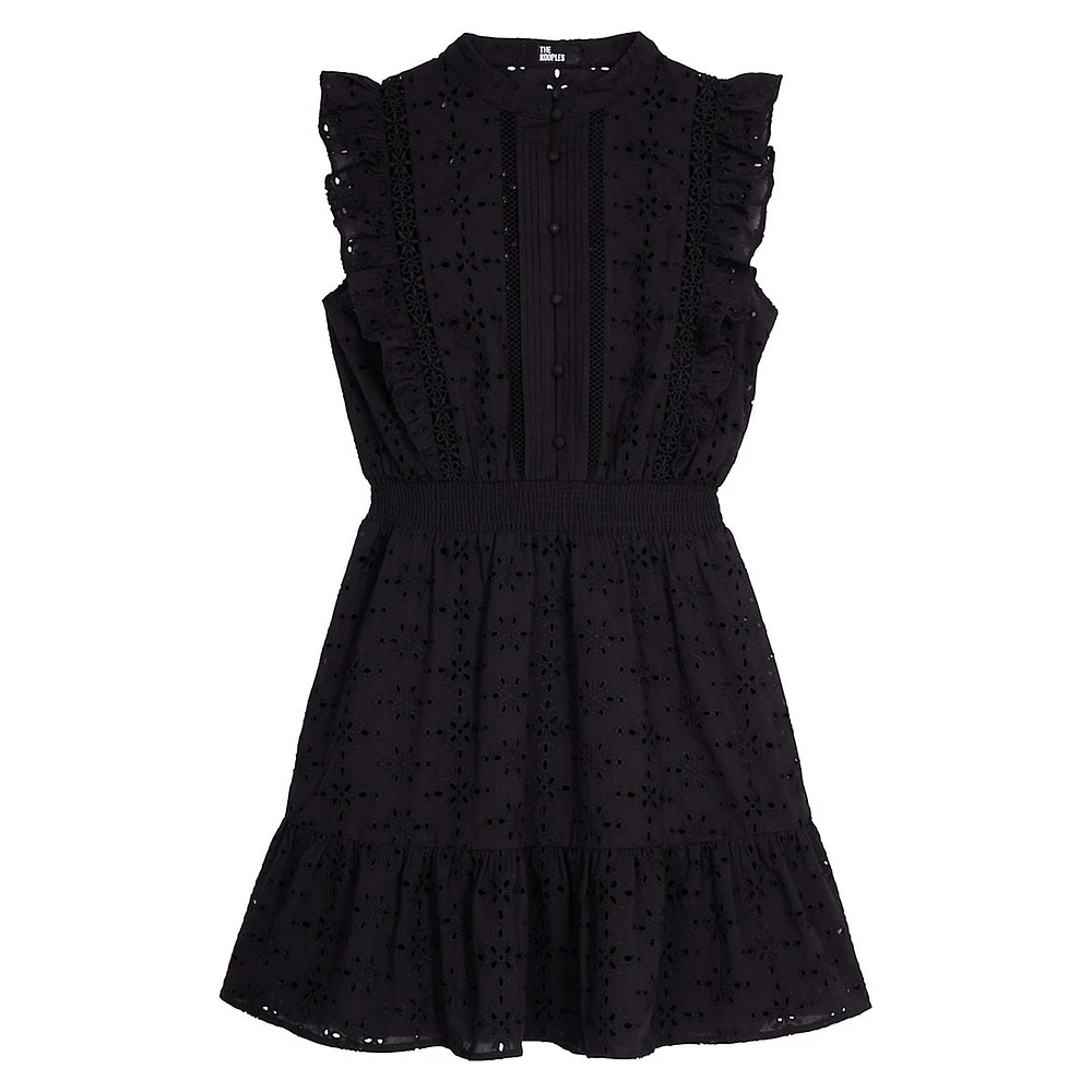 Sleeveless Eyelet-Embroidered Ruffled Mini Dress