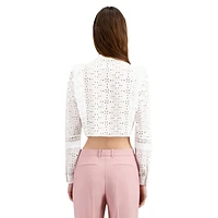 Long-Sleeve Eyelet-Embroidered Cropped Blouse