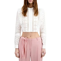 Long-Sleeve Eyelet-Embroidered Cropped Blouse