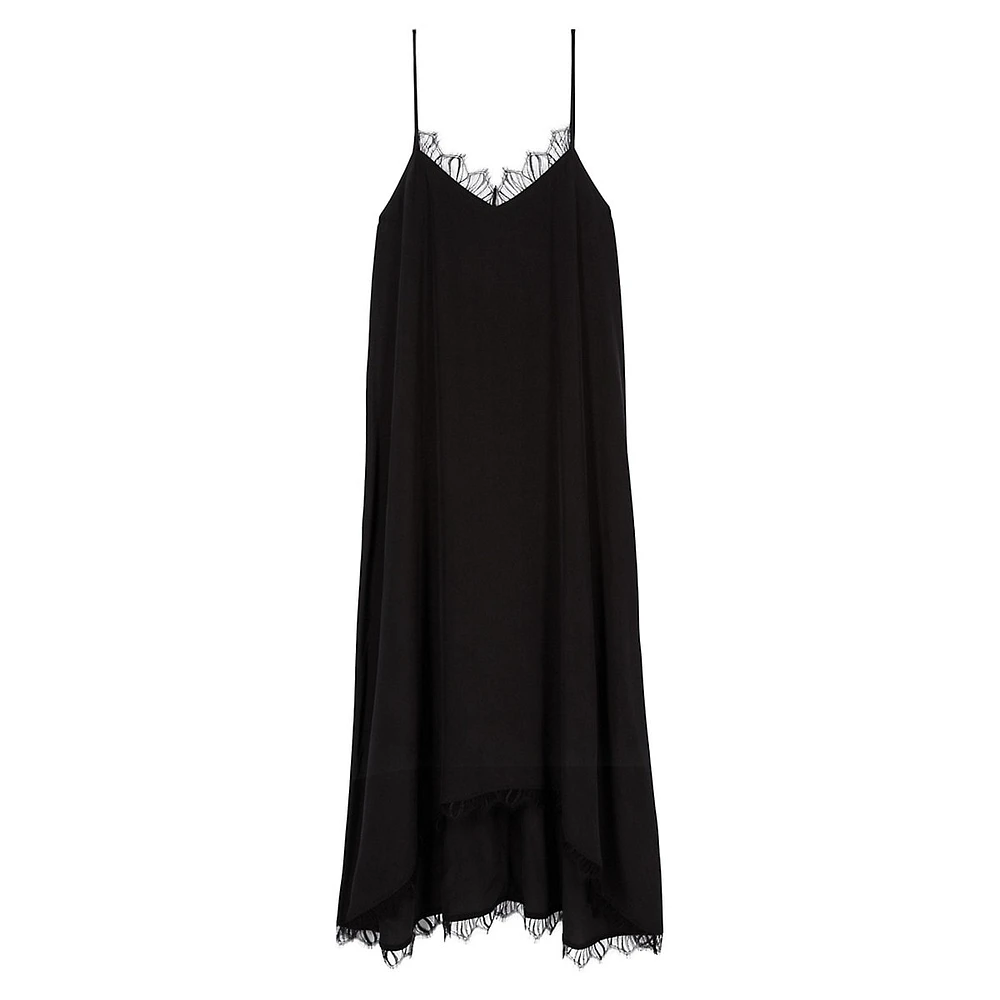 Lace-Trim Washed Silk High-Low Slip Dress