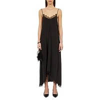 Lace-Trim Washed Silk High-Low Slip Dress