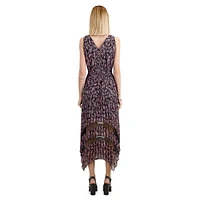 Printed Sleeveless Pleated Sharkbite-Hem Maxi Dress