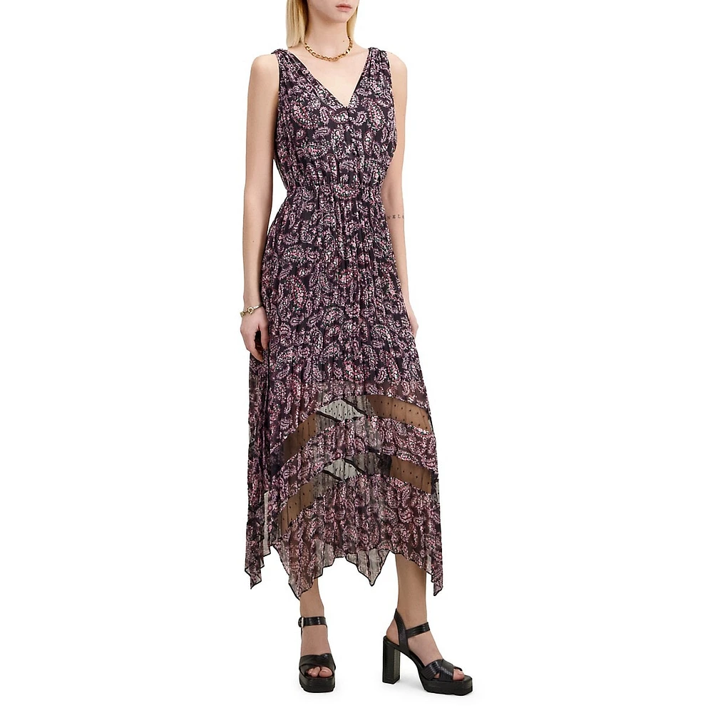 Printed Sleeveless Pleated Sharkbite-Hem Maxi Dress