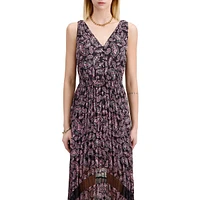 Printed Sleeveless Pleated Sharkbite-Hem Maxi Dress