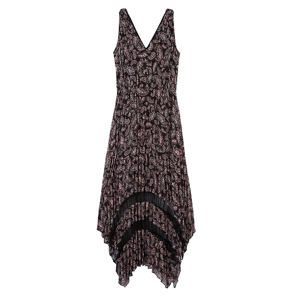 Printed Sleeveless Pleated Sharkbite-Hem Maxi Dress