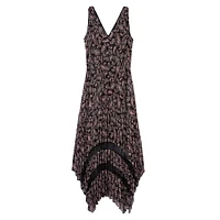 Printed Sleeveless Pleated Sharkbite-Hem Maxi Dress