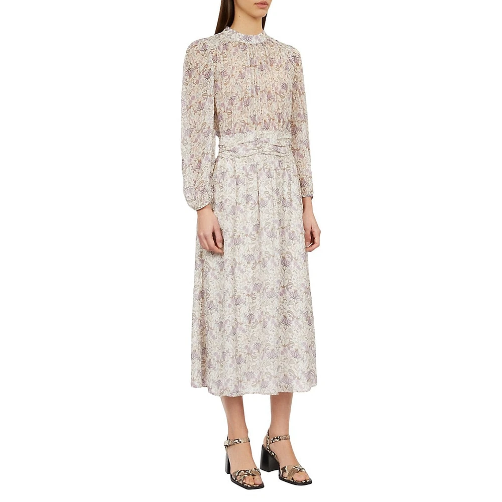 Floral Long-Sleeve Gathered-Waist Midi Dress