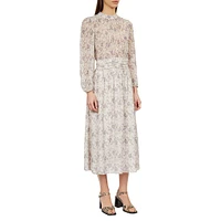 Floral Long-Sleeve Gathered-Waist Midi Dress