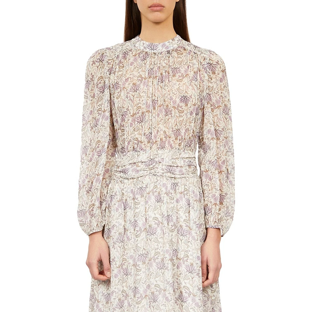 Floral Long-Sleeve Gathered-Waist Midi Dress
