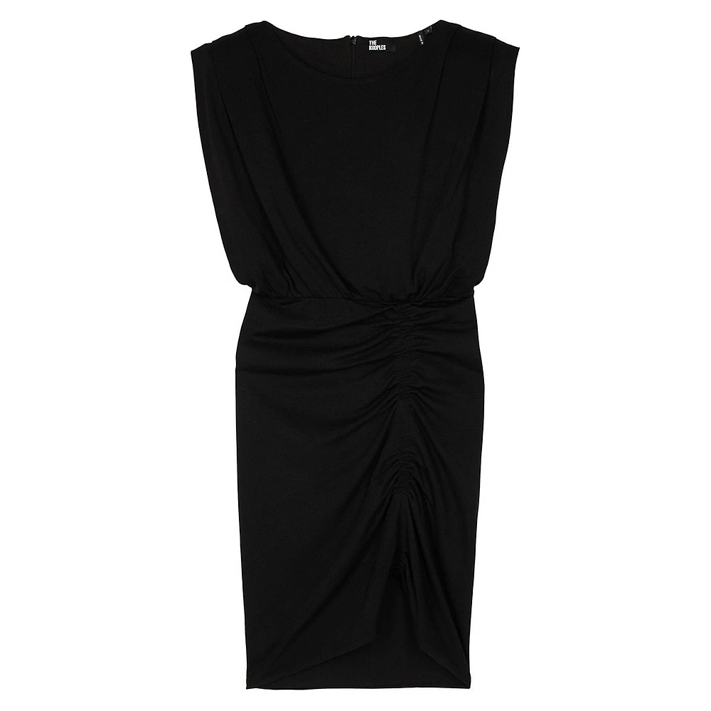 Ruched Drape-Shoulder Short Dress