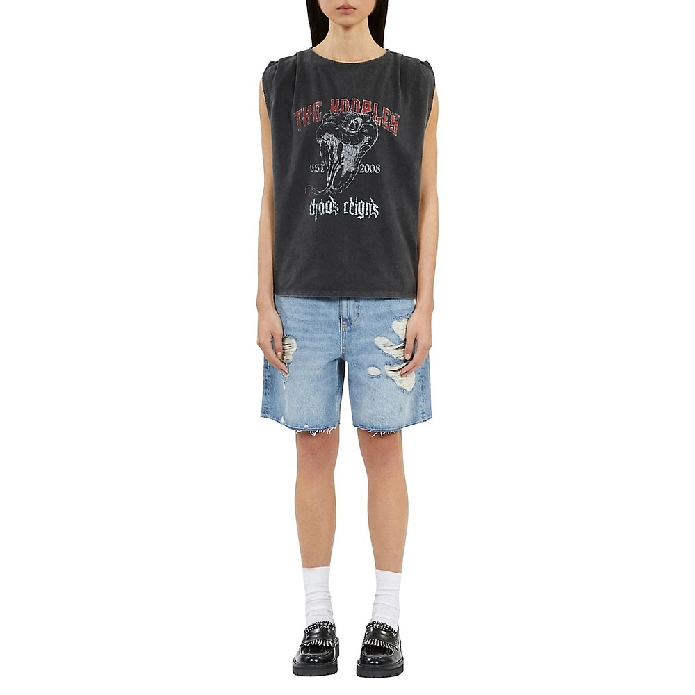 Skull Serigraphy Pleated Shoulder T-Shirt