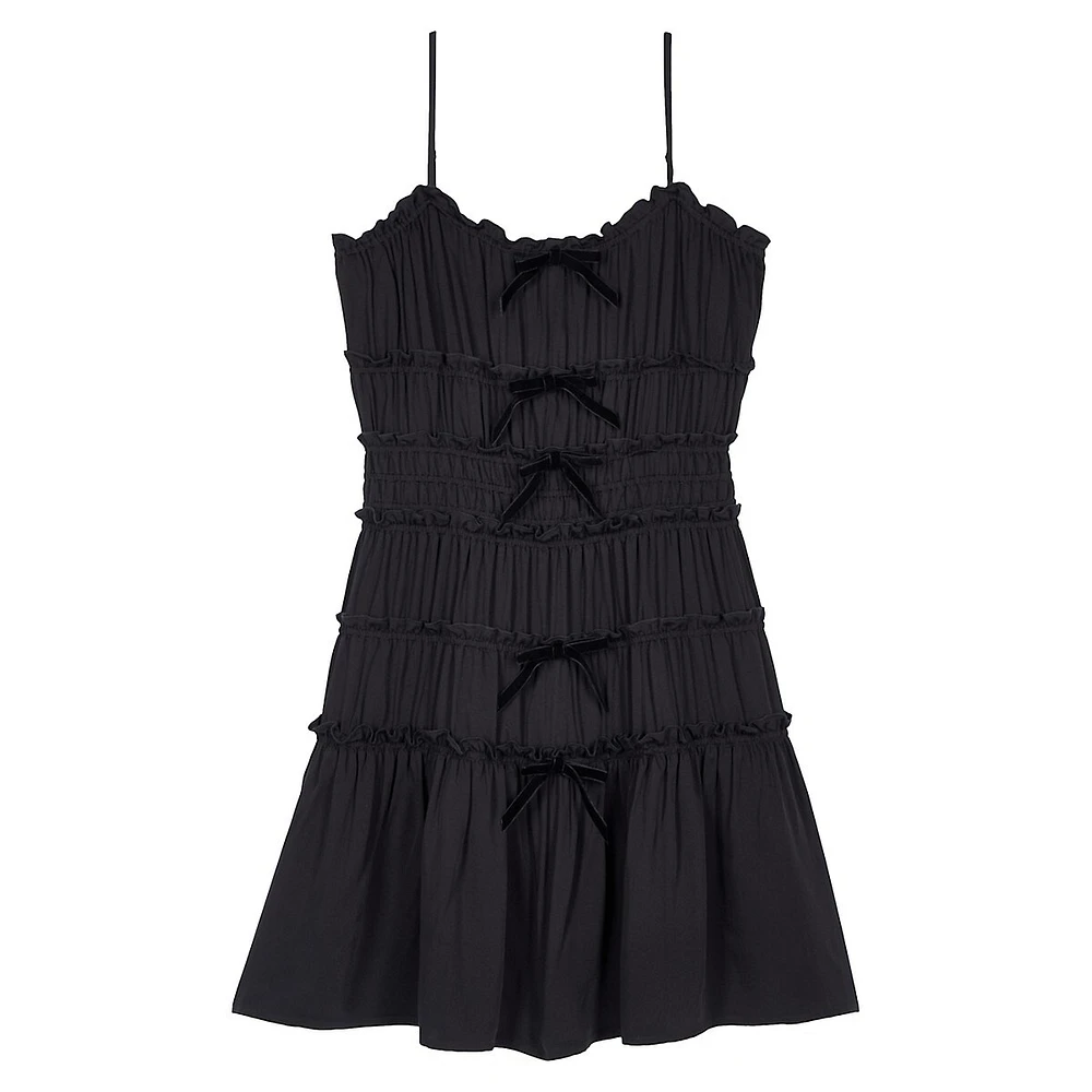 Strappy Shirred Bow-Trim Mini Dress