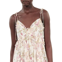 Floral Silk Ruffled Strappy Sweetheart Mini Dress