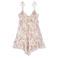 Floral Silk Ruffled Strappy Sweetheart Mini Dress