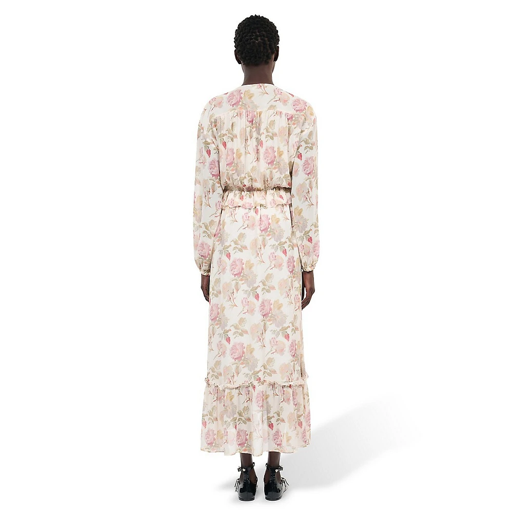 Rose-Print Silk Tied Empire-Waist Midi Dress