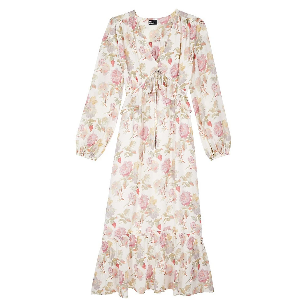 Rose-Print Silk Tied Empire-Waist Midi Dress