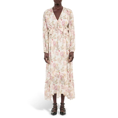 Rose-Print Silk Tied Empire-Waist Midi Dress