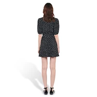 Polka Dot Tie-Neck Puff-Sleeve Mini Dress