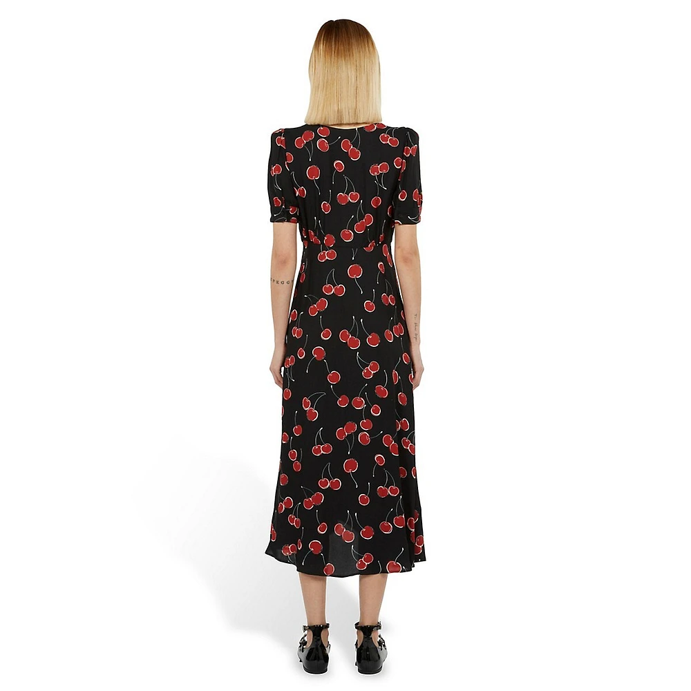 Cherry-Print Button-&-Loop Empire Midi Dress