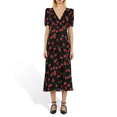 Cherry-Print Button-&-Loop Empire Midi Dress