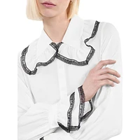 Lace & Ruffle-Trim Wide-Collar Silk Shirt