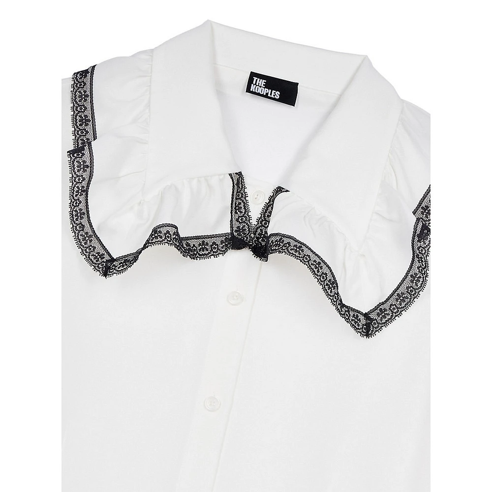 Lace & Ruffle-Trim Wide-Collar Silk Shirt