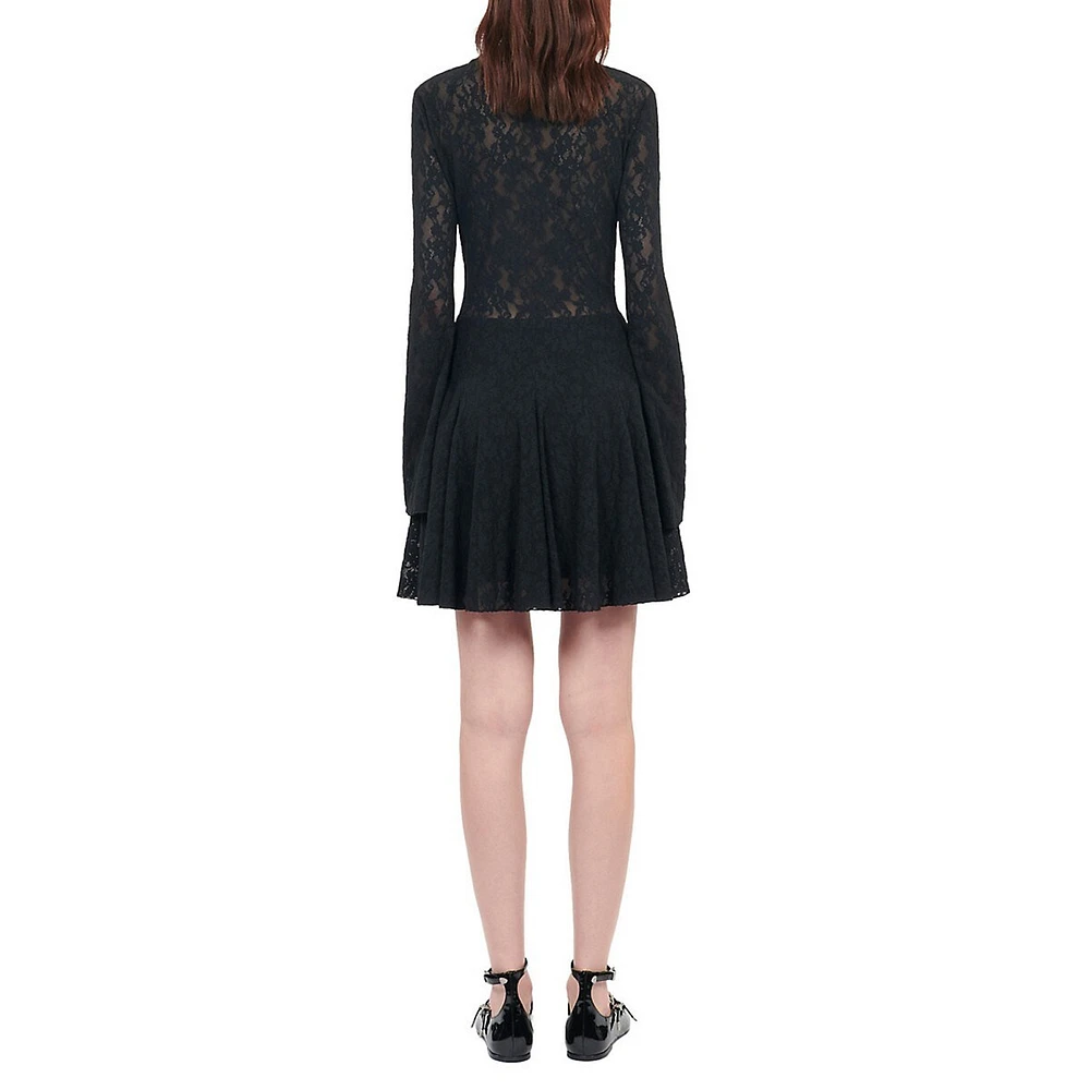 Long-Sleeve Lace Mini Skater Dress