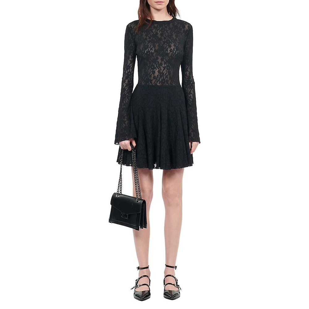 Long-Sleeve Lace Mini Skater Dress