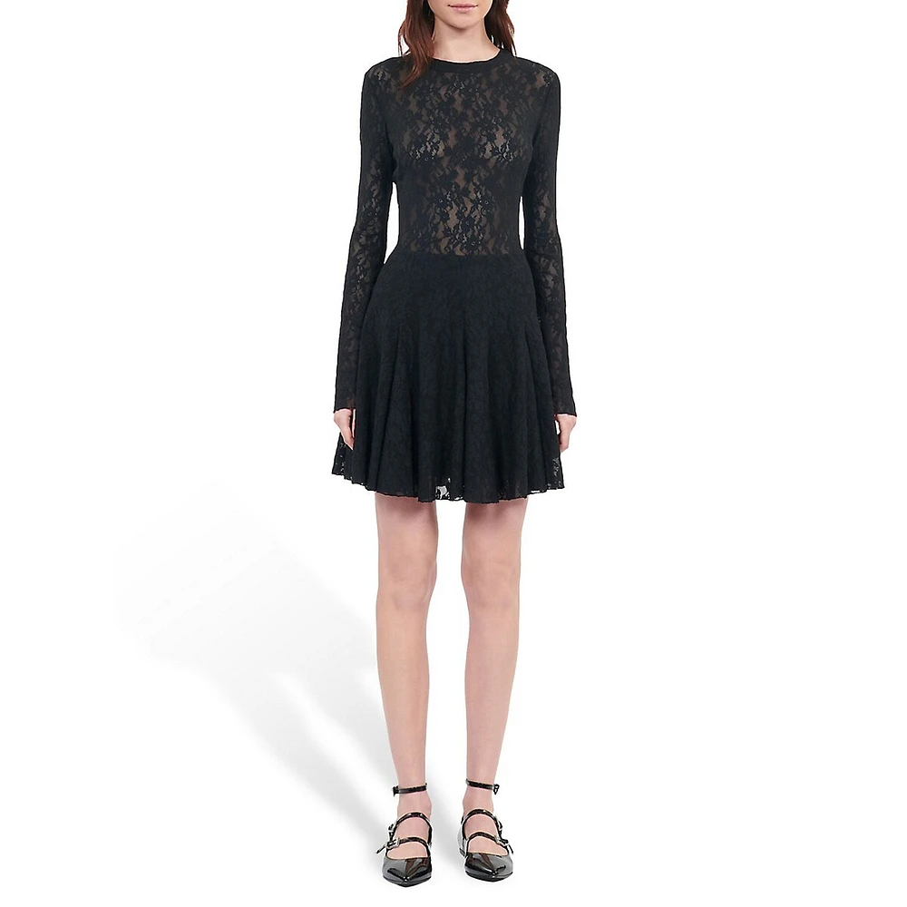 Long-Sleeve Lace Mini Skater Dress