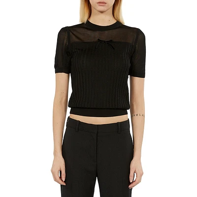 Cropped Short-Sleeve Openwork Bow Sweater