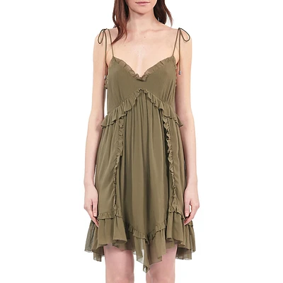 Ruffled Silk Strappy Sweetheart Mini Dress