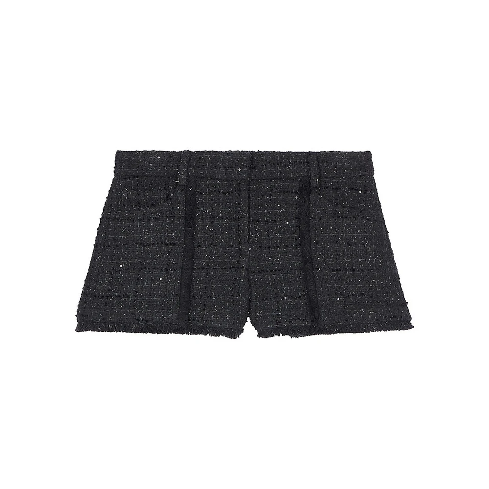 Fringed Sequin Tweed Mini Shorts