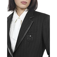 Leather-Trim Pinstriped Wool-Blend Fitted Blazer