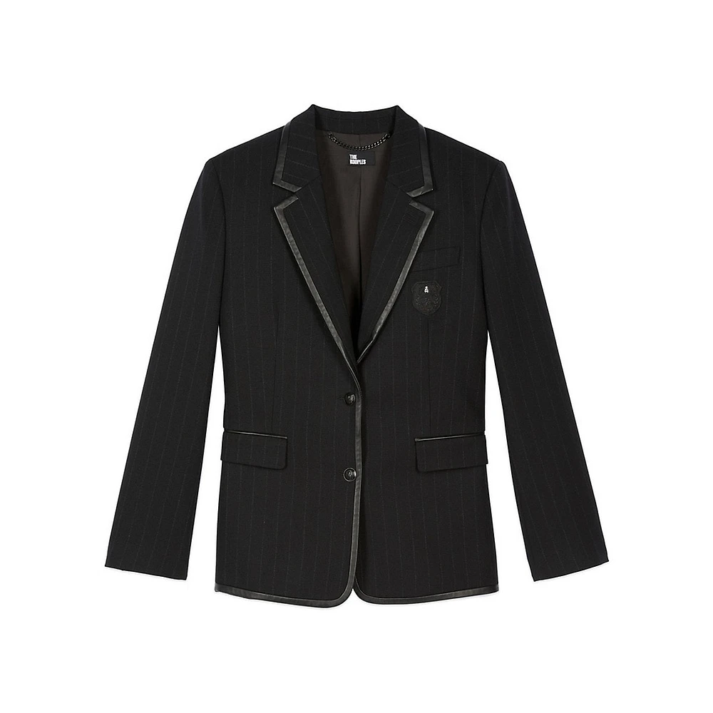 Leather-Trim Pinstriped Wool-Blend Fitted Blazer