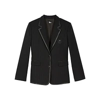 Leather-Trim Pinstriped Wool-Blend Fitted Blazer