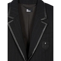 Leather-Trim Pinstriped Wool-Blend Fitted Blazer