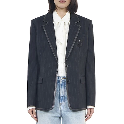 Leather-Trim Pinstriped Wool-Blend Fitted Blazer