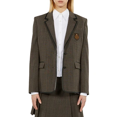 Prince Of Wales Leather-Trimmed Wool Blazer