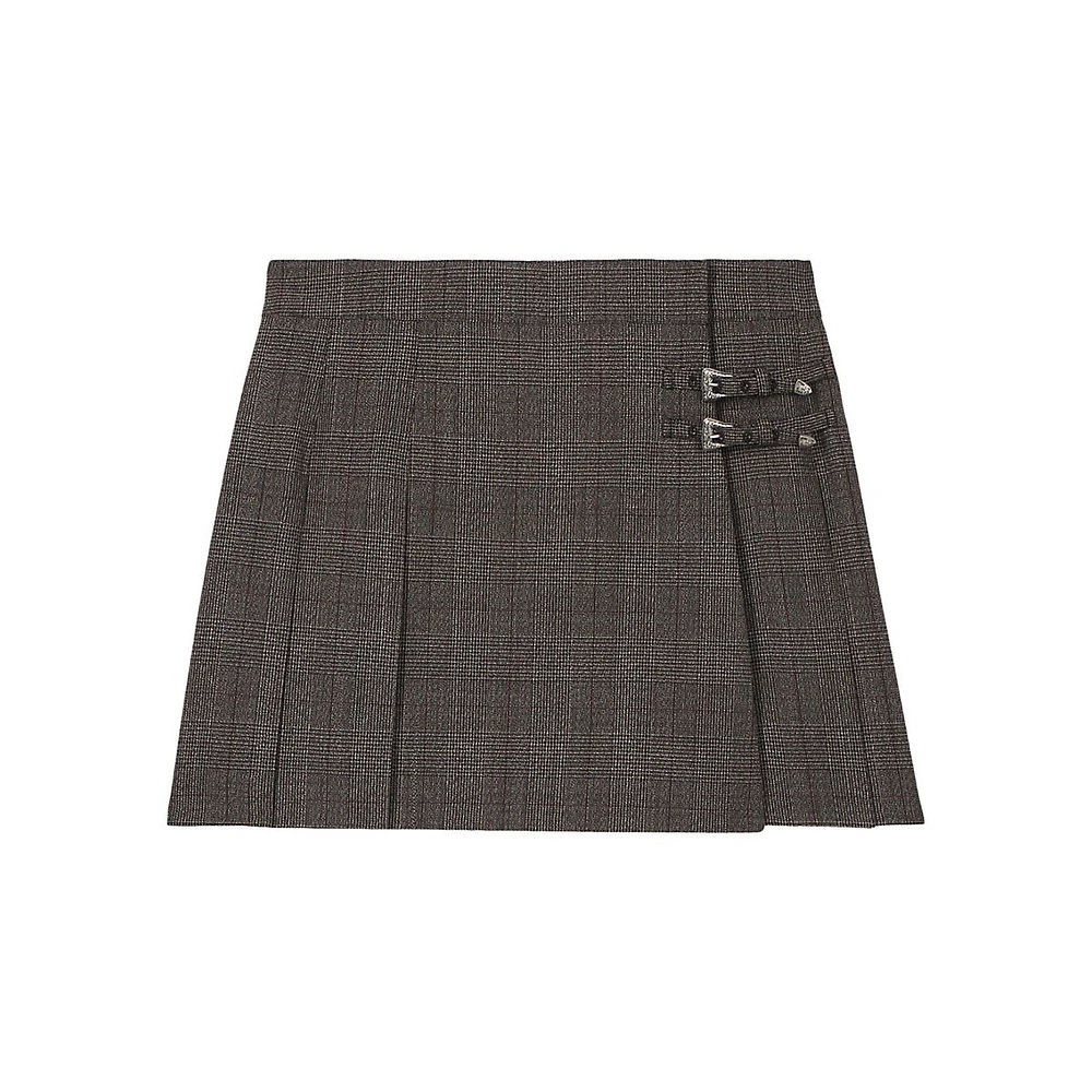 Prince Of Wales Pleated Wool Mini Wrap Skirt