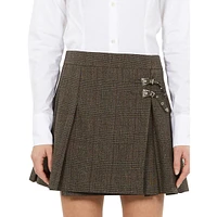 Prince Of Wales Pleated Wool Mini Wrap Skirt