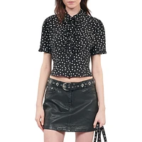 Polka Dot Ruffled Puff-Sleeve Cropped Shirt