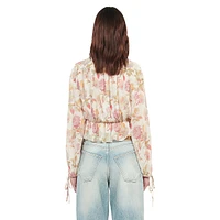 Rose-Print Silk Deep V Tied Cropped Top