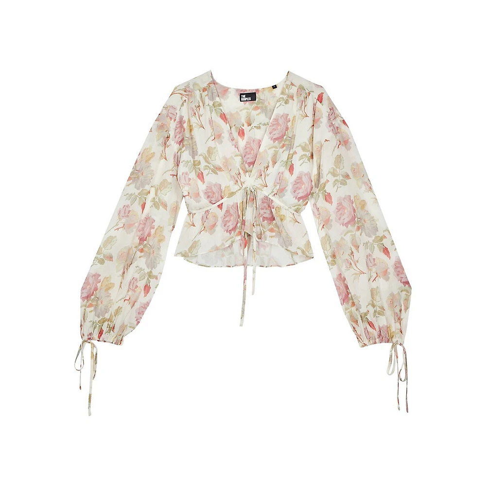 Rose-Print Silk Deep V Tied Cropped Top